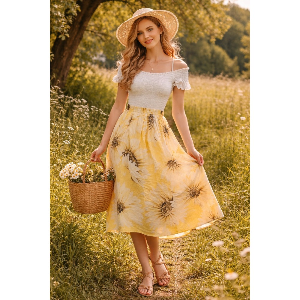Boho Prairie Summer Western Coquette Sweet Yellow Sunflower H&M XS Maxi Skirt